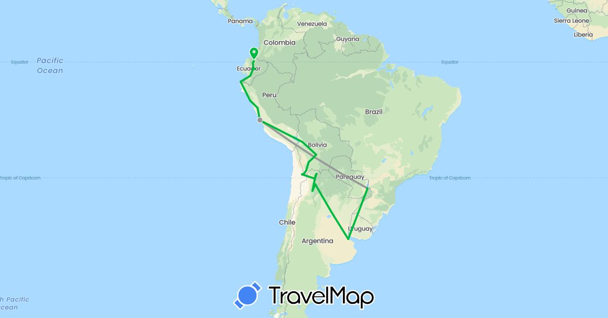 TravelMap itinerary: bus, plane in Argentina, Bolivia, Brazil, Chile, Ecuador, Peru (South America)